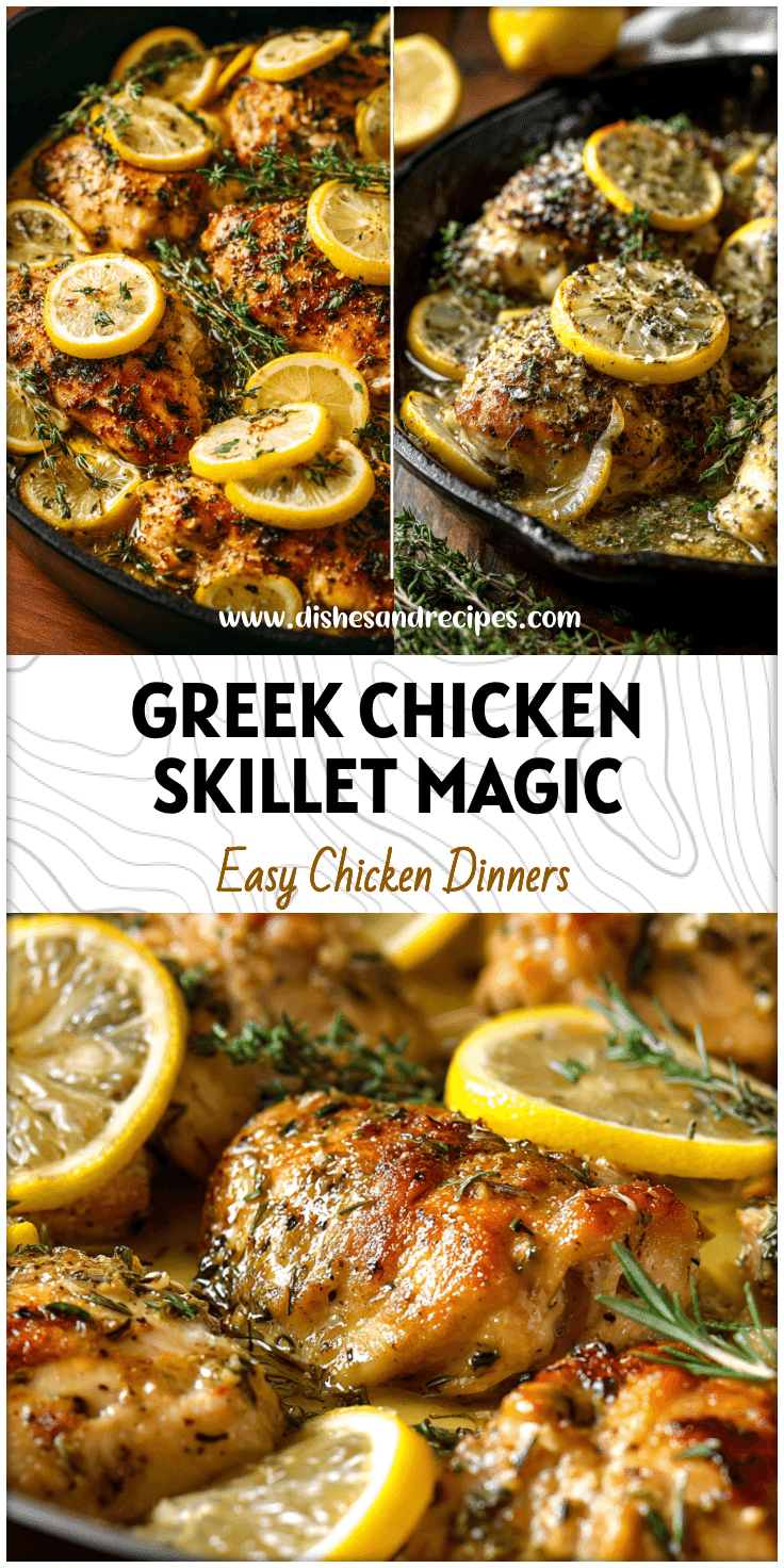 Skillet of Greek chicken with lemon slices, herbs, and a light Mediterranean presentation for a healthy dinner.